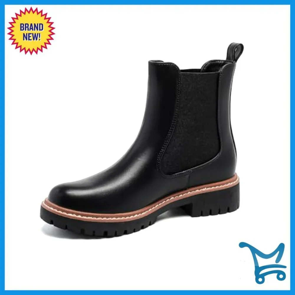 Women's Chelsea Ankle Boots with Lug Sole, Waterproof Faux Leather